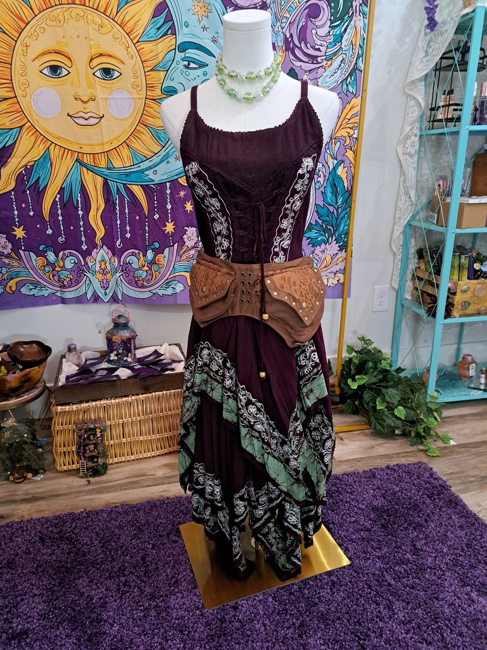 Boho Plum Tiered Maxi Dress with Green Accents and Brown Waist Belt